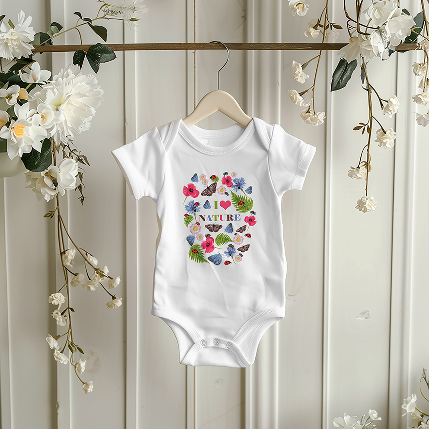 white baby bodysuit featuring a "I Love Nature" design with bees, butterflies and wildflowers, hanging on a rail with flowers trailing down
