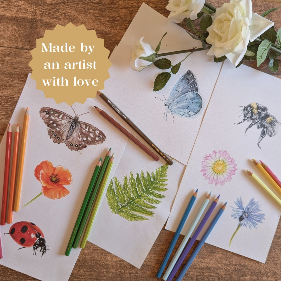 Hand-drawn sketches of a bee, daisy, blue butterfly, brown butterfly, fern, ladybird, and poppy with watercolour pencils, featuring the words "Made by an artist with love" – a glimpse into the creative process.