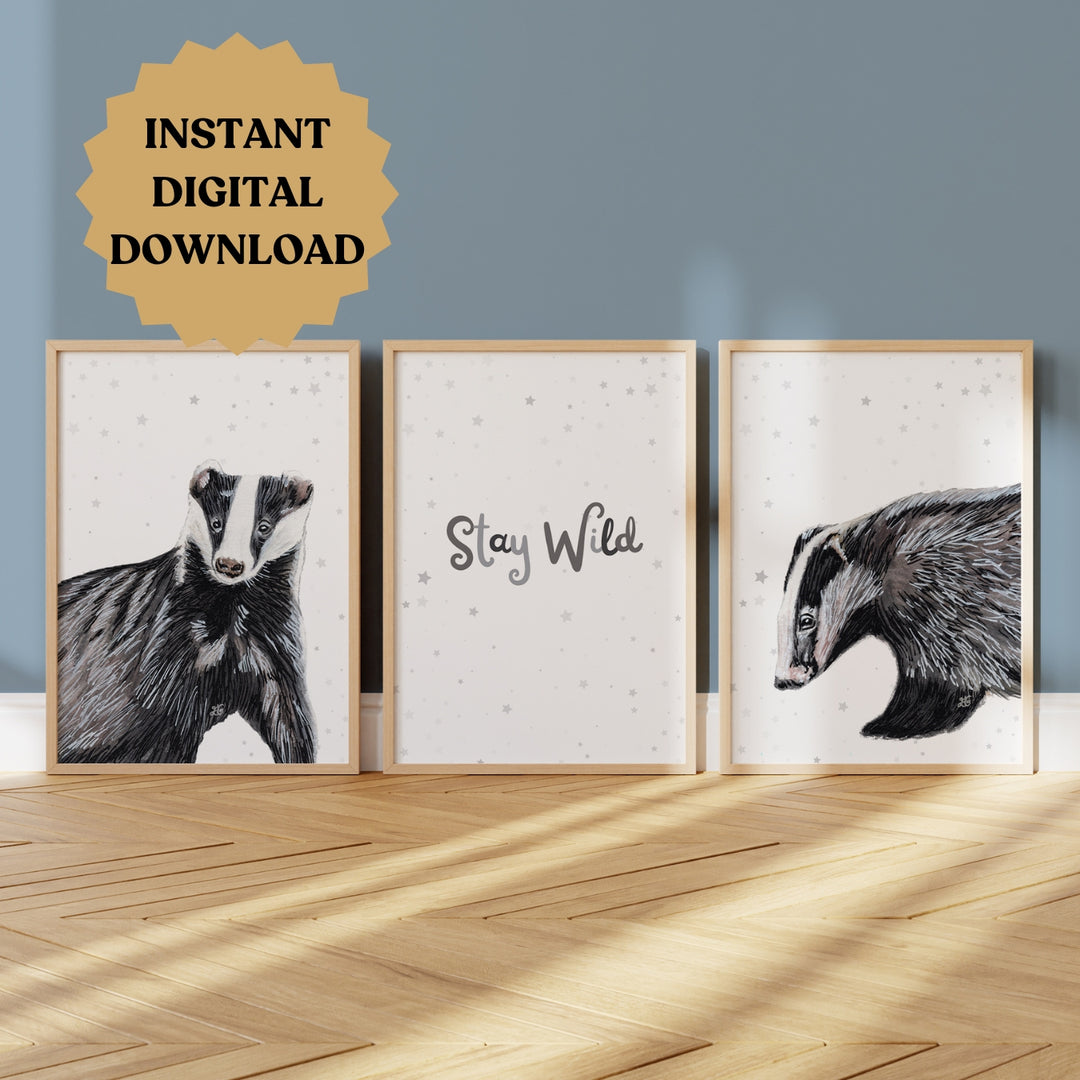 Badger print set with grey stars in the background, displayed on a wooden floor against a blue-painted wall, adding a whimsical, nature-inspired touch to a child’s room.