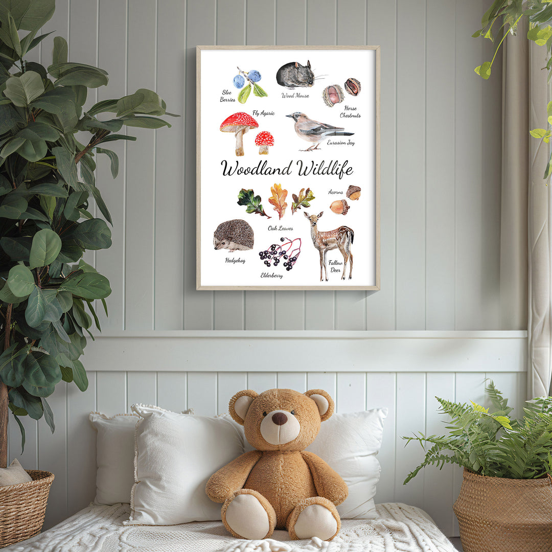 woodland wildlife poster in a soft green child's room with plants and a teddy bear