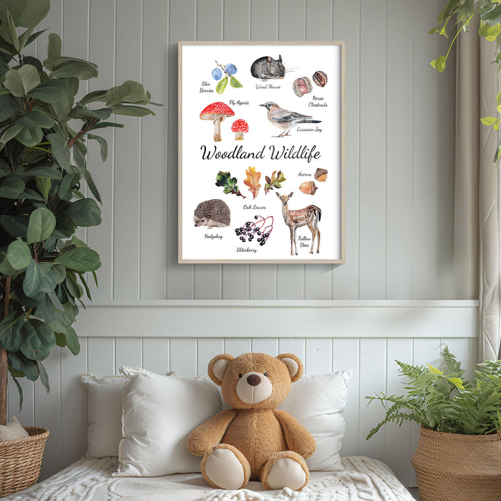 woodland wildlife poster in a soft green child's room with plants and a teddy bear