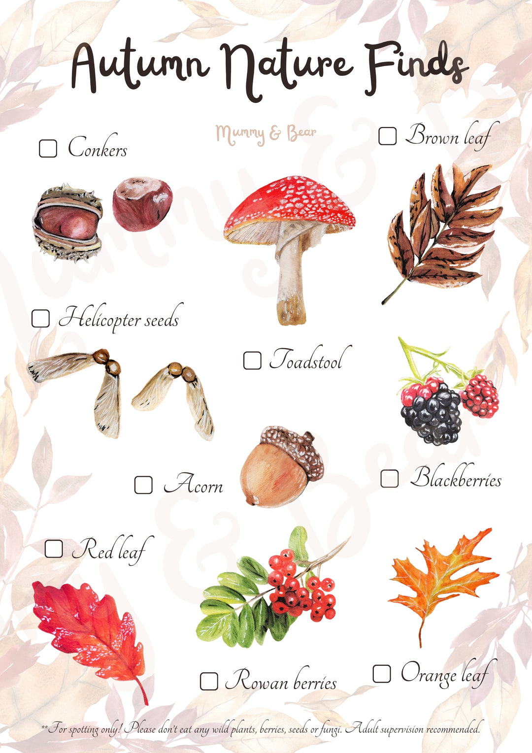 Autumn Nature Finds printable scavenger hunt with leaves, acorns, conkers, mushrooms and berries