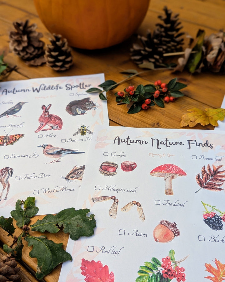 Autumn wildlife and nature hunt printable sheets arranged with seasonal leaves and natural props