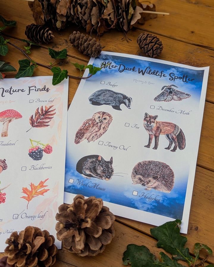 After Dark Wildlife Spotter printable sheet with autumn props