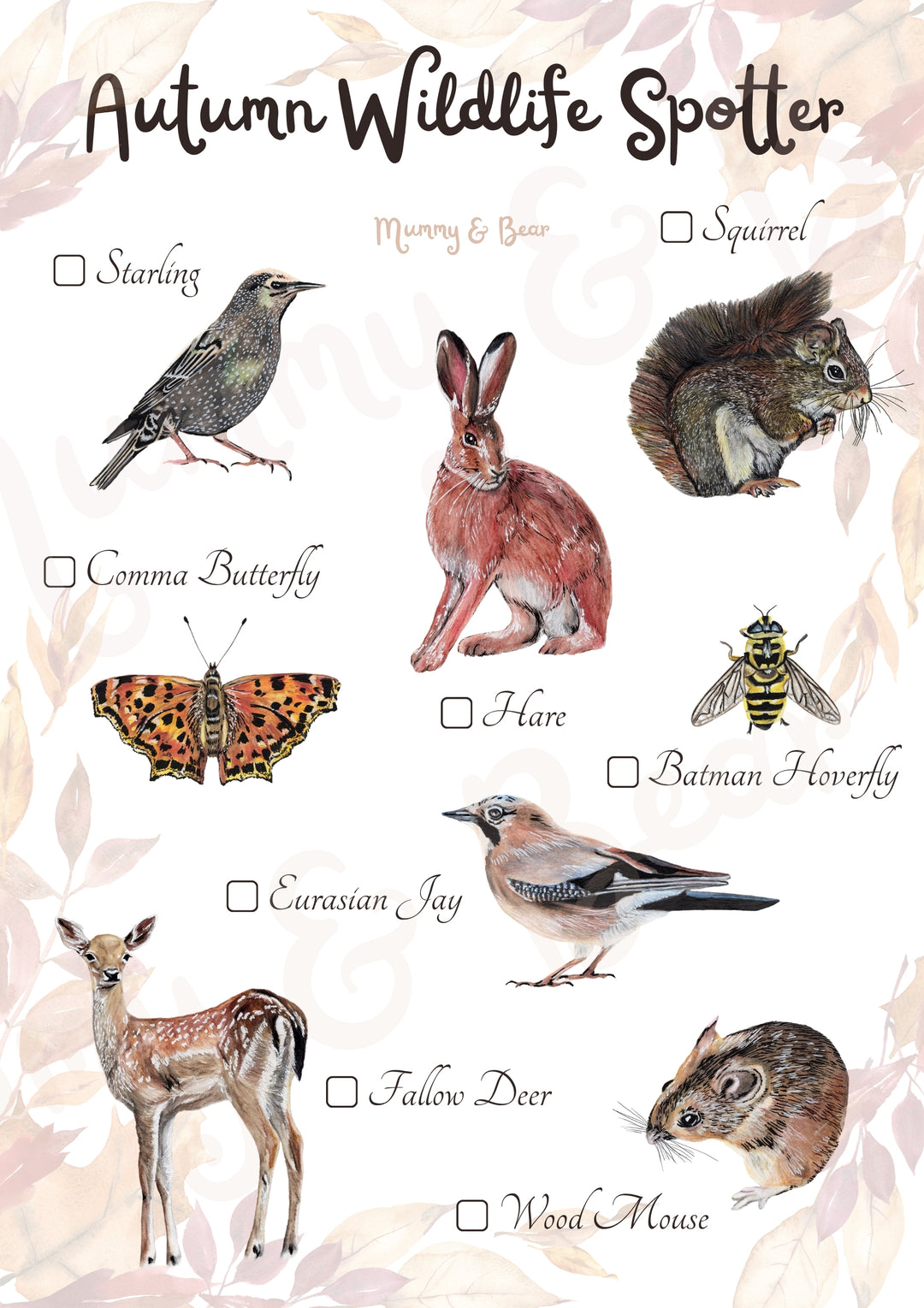 Autumn Wildlife Spotter printable featuring British woodland animals and birds