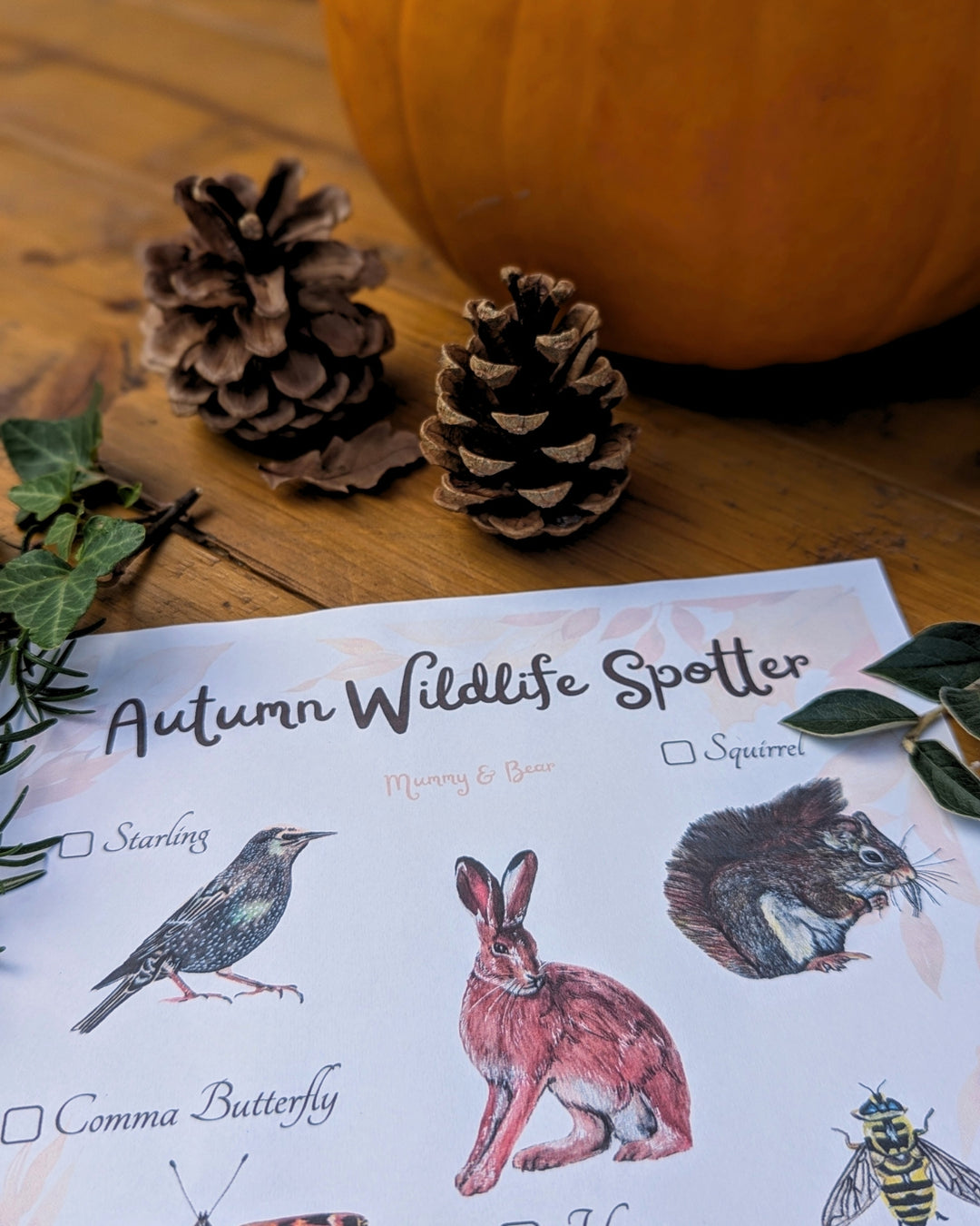 Autumn Wildlife Spotter printable sheet styled with pine cones and autumn leaves