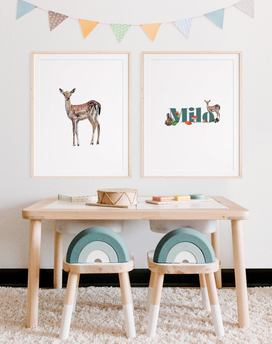 Child's bedroom featuring a desk with two prints on the wall—one with a watercolour deer sketch and one personalised name print with wildlife sketch details, perfect for licensed children’s décor and brand collaborations.