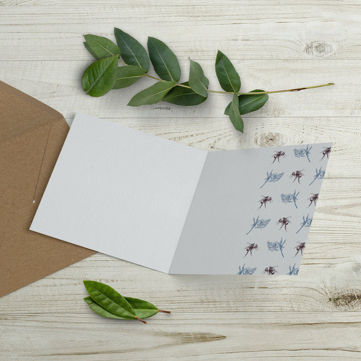 Inside view of hare and bee greeting card with floral and bee design, printed on premium eco-friendly paper.