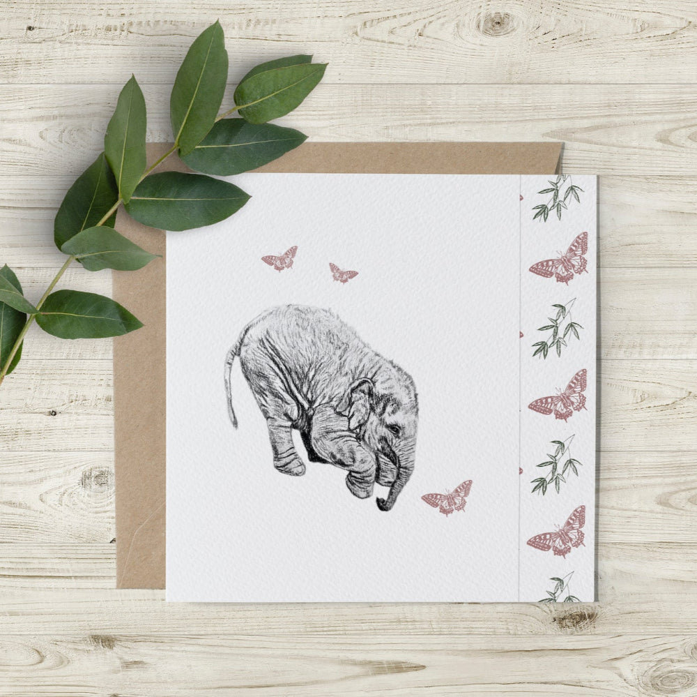 Elephant and butterfly card featuring hand-drawn baby elephant Elsie, eco-friendly design