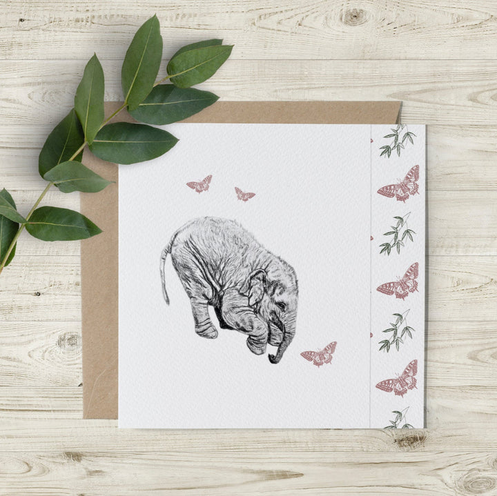 Elephant and butterfly card featuring hand-drawn baby elephant Elsie, eco-friendly design