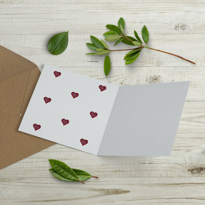 Inside of eco-friendly Elephant & Heart card, featuring little watercolour hearts and space for a personal message, perfect for Valentine's and anniversaries.