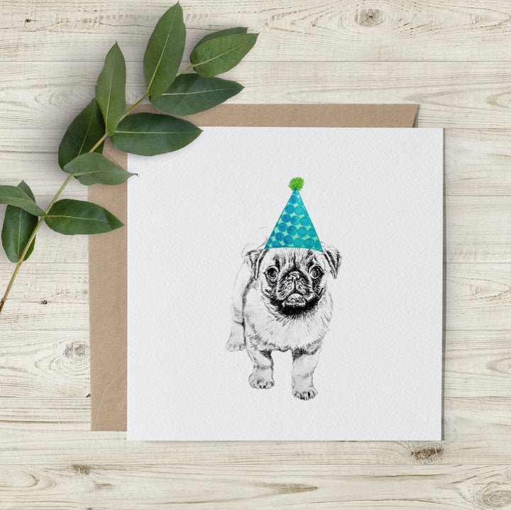 Green Piper the pug birthday card featuring a hand-drawn pug with a party hat, by Emma Gorton, eco-friendly, made in the UK