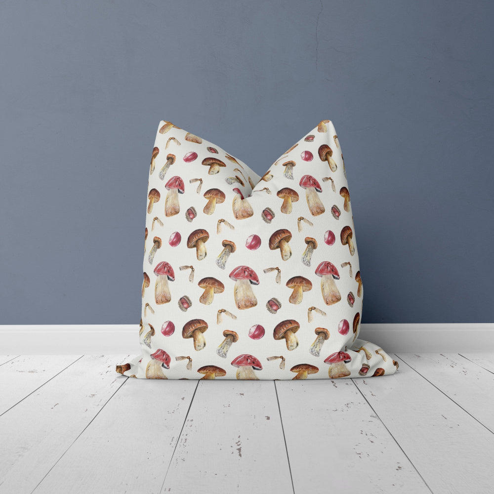 Eco-friendly cushion featuring fabric with nature-inspired mushroom watercolour sketches, available for product design licensing and brand collaborations