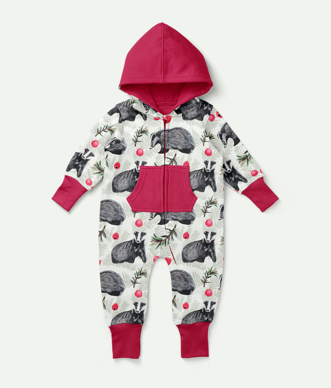 Nature-inspired baby onesie featuring badger and berry sketch design, perfect for wildlife-themed product collections and brand collaborations in children's décor.