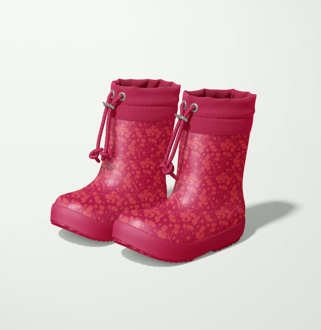 Nature-inspired kids' wellies in vivid red with subtle abstract berries design, ideal for wildlife-themed product collections and brand collaborations in children's footwear.