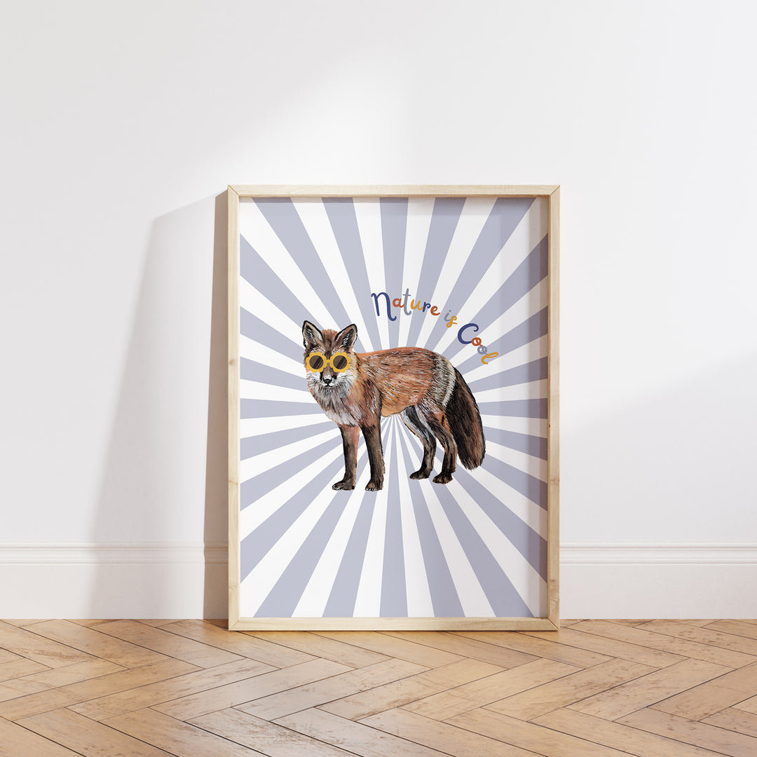 Hand-drawn fox wearing yellow sunglasses with “Nature is Cool” text on a blue and white sunburst background, framed as a giclée art print.