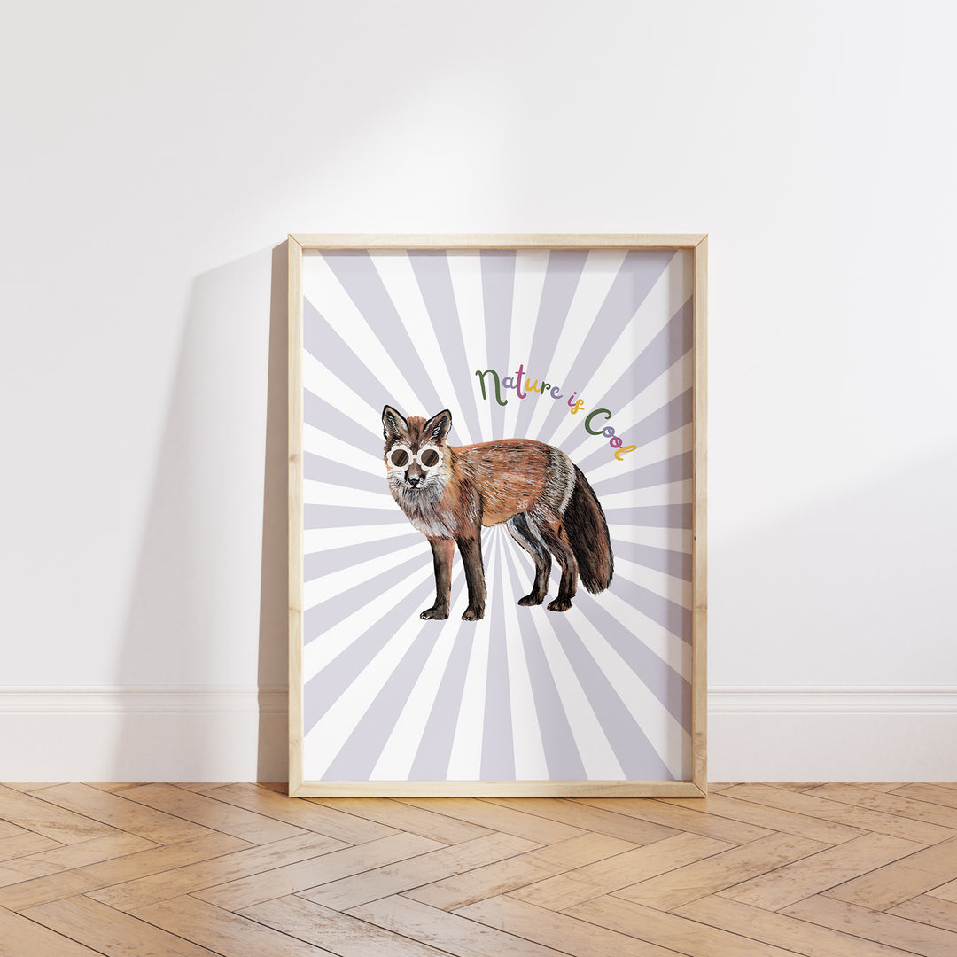 Hand-drawn fox wearing pink sunglasses with “Nature is Cool” text on a lilac and white sunburst background, framed as a giclée art print.
