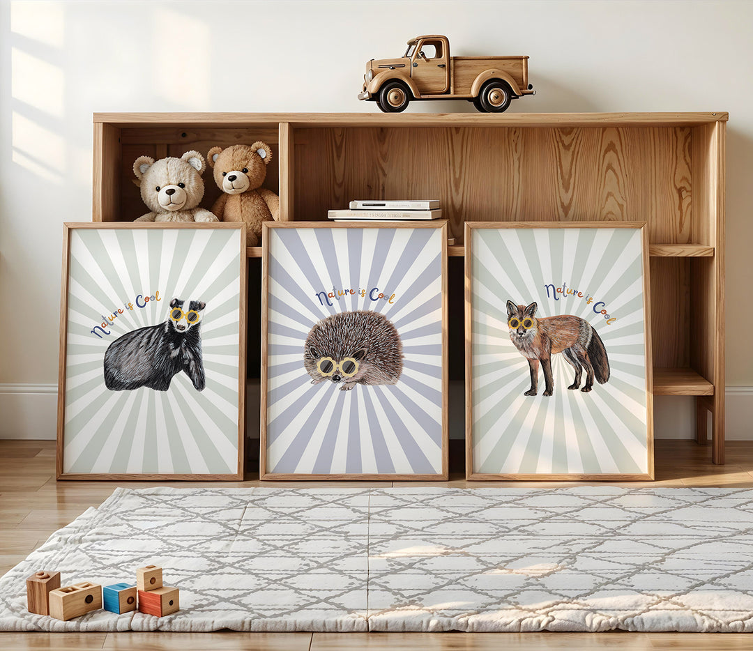 set of 3 "nature is cool" art prints, framed and on floor of boy's room. They feature a fox, hedgehog and badger.