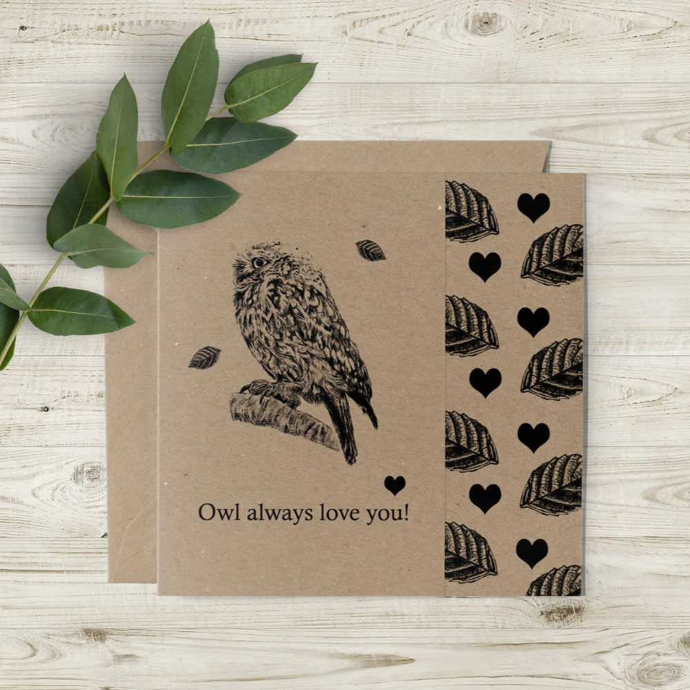 Owl Always Love You" eco-friendly Valentine's Day and Anniversary card featuring a hand-drawn owl perched on a branch with hearts and leaves, UK-made by Emma Gorton