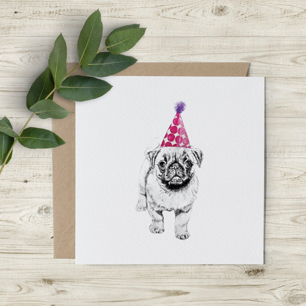 Priscilla the pug birthday card featuring a hand-drawn pug with a party hat on the front, by Emma Gorton, eco-friendly, made in the UK