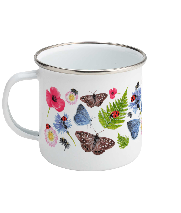 Right side view of Summer Meadow enamel mug featuring speckled wood butterfly, poppies, and ferns illustration on white background