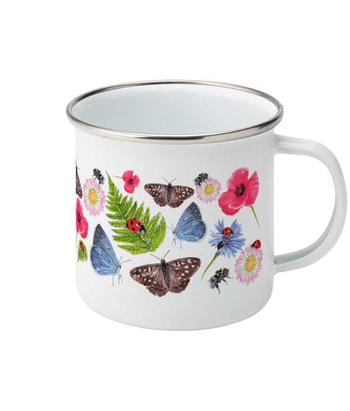 Left side view of Summer Meadow enamel mug showing butterflies, bees, and wildflowers design on white background