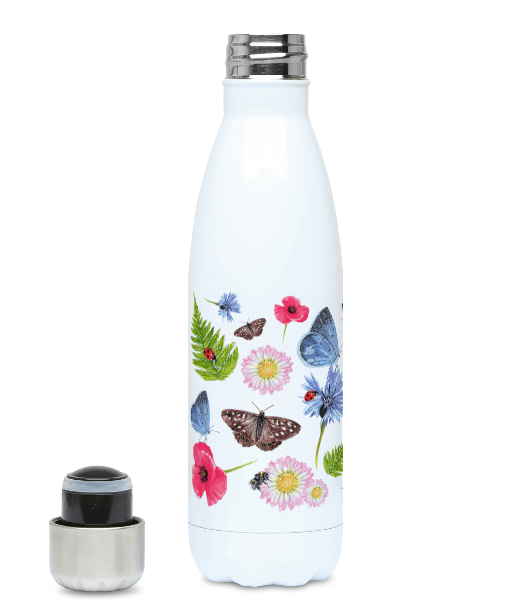 Lefthand side of Summer Meadow insulated bottle with lid, showing detailed butterflies, bees, and wildflowers design