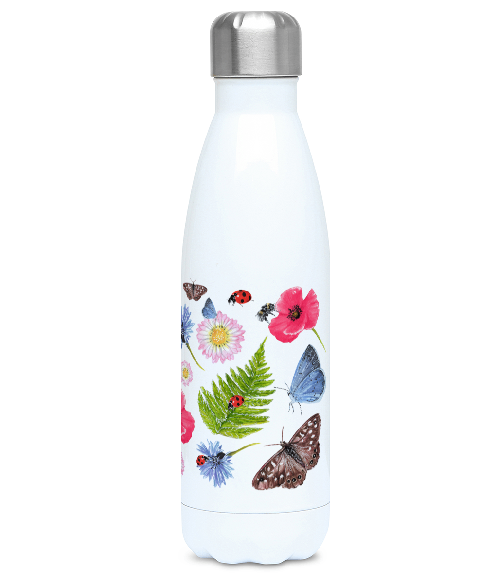 Right side view of Summer Meadow insulated bottle highlighting poppies, cornflowers, daisies, and ferns artwork