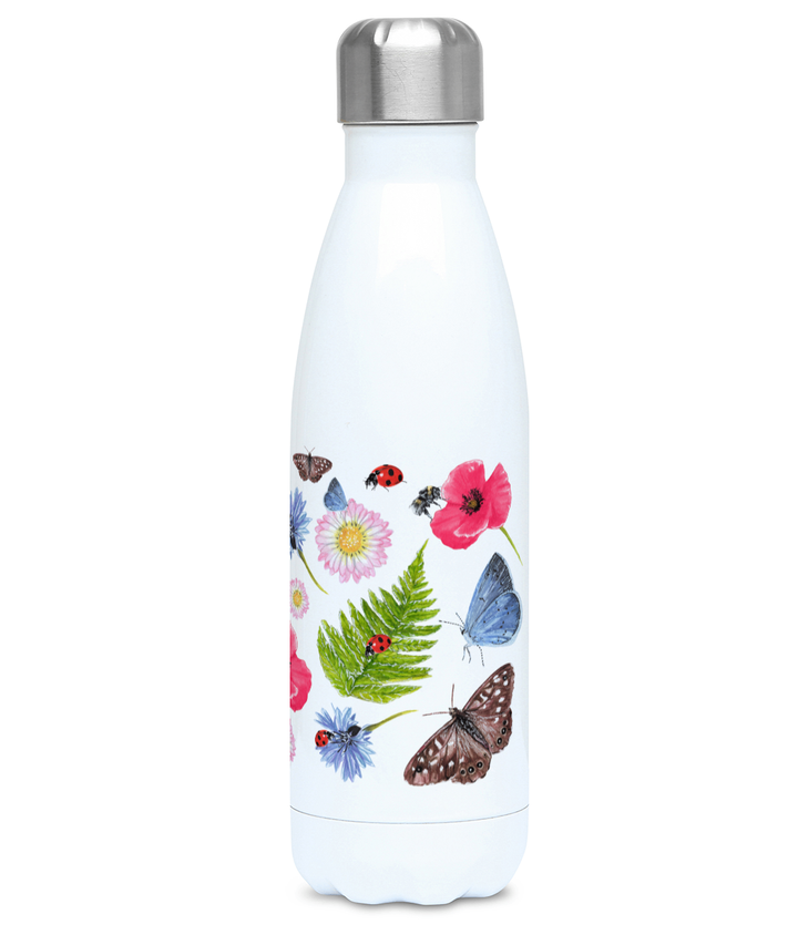 Right side view of Summer Meadow insulated bottle highlighting poppies, cornflowers, daisies, and ferns artwork